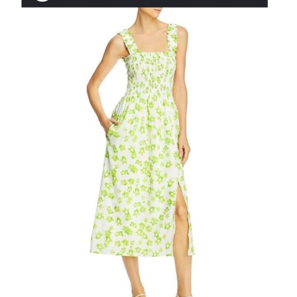 WAYF Lime Green Floral Smocked Midi Dress White Cotton Ruffle Strap Pockets L